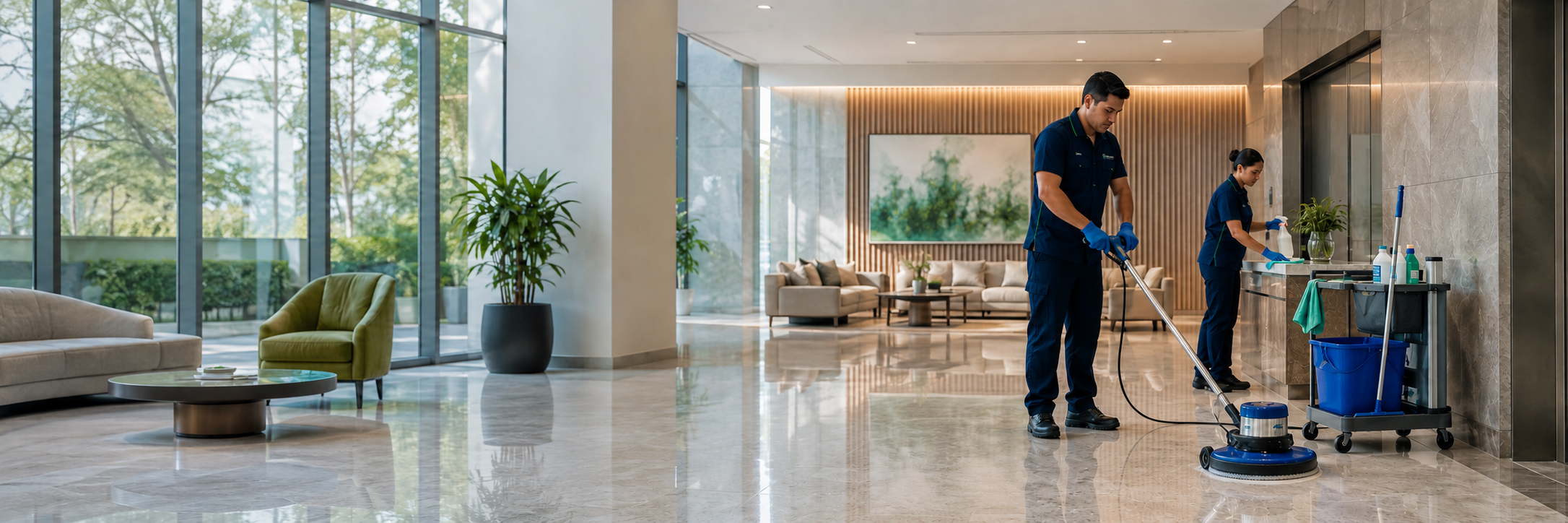 Equipo de Bestclean realizando saneamiento ambiental y limpieza técnica en un ambiente corporativo