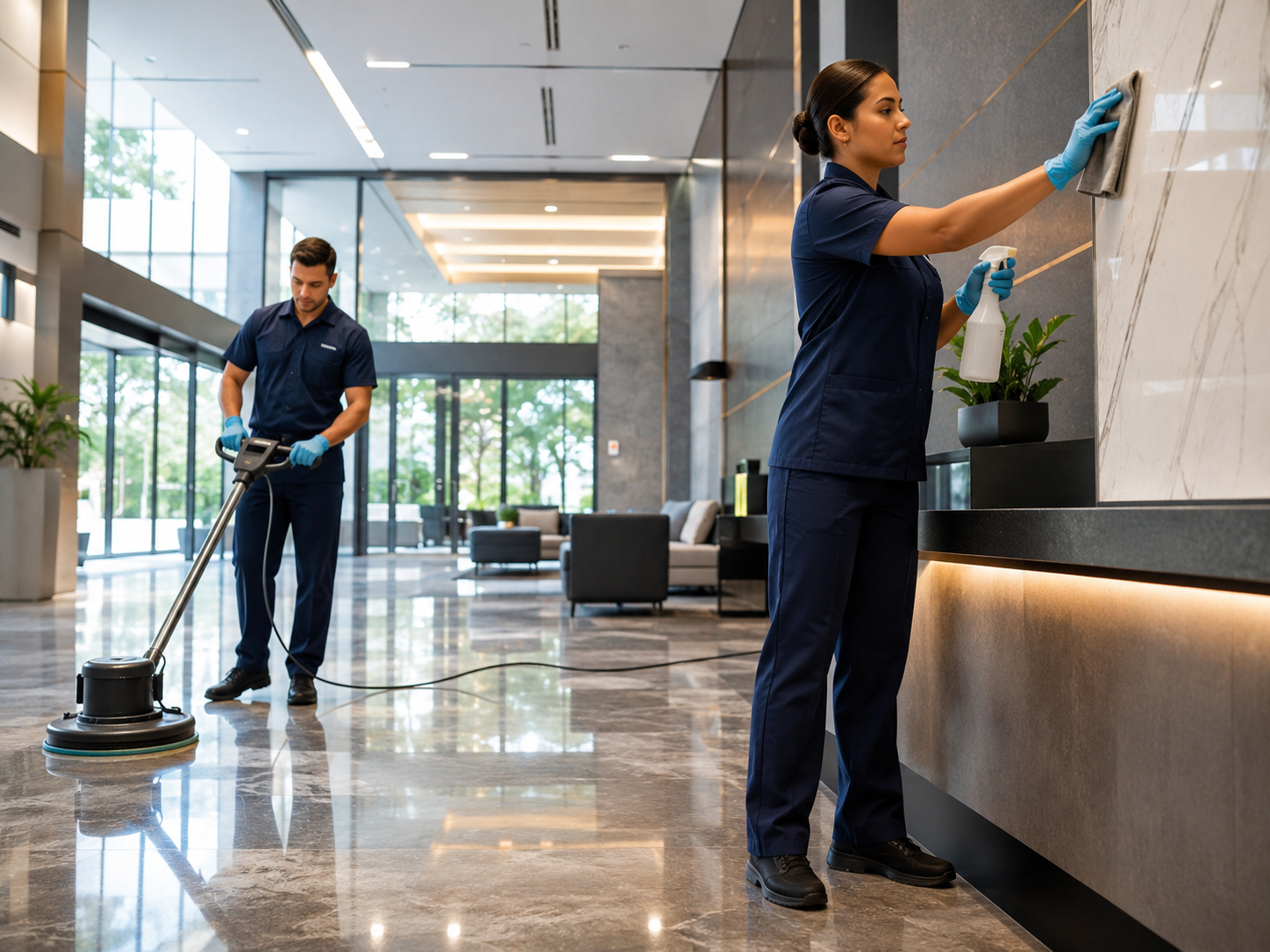 Personal de Bestclean realizando limpieza de ambientes interiores