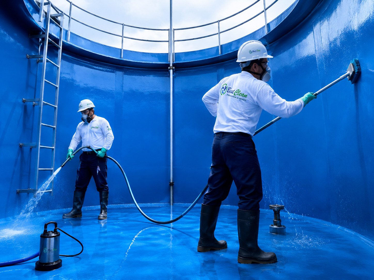 Operario limpiando tanque de agua
