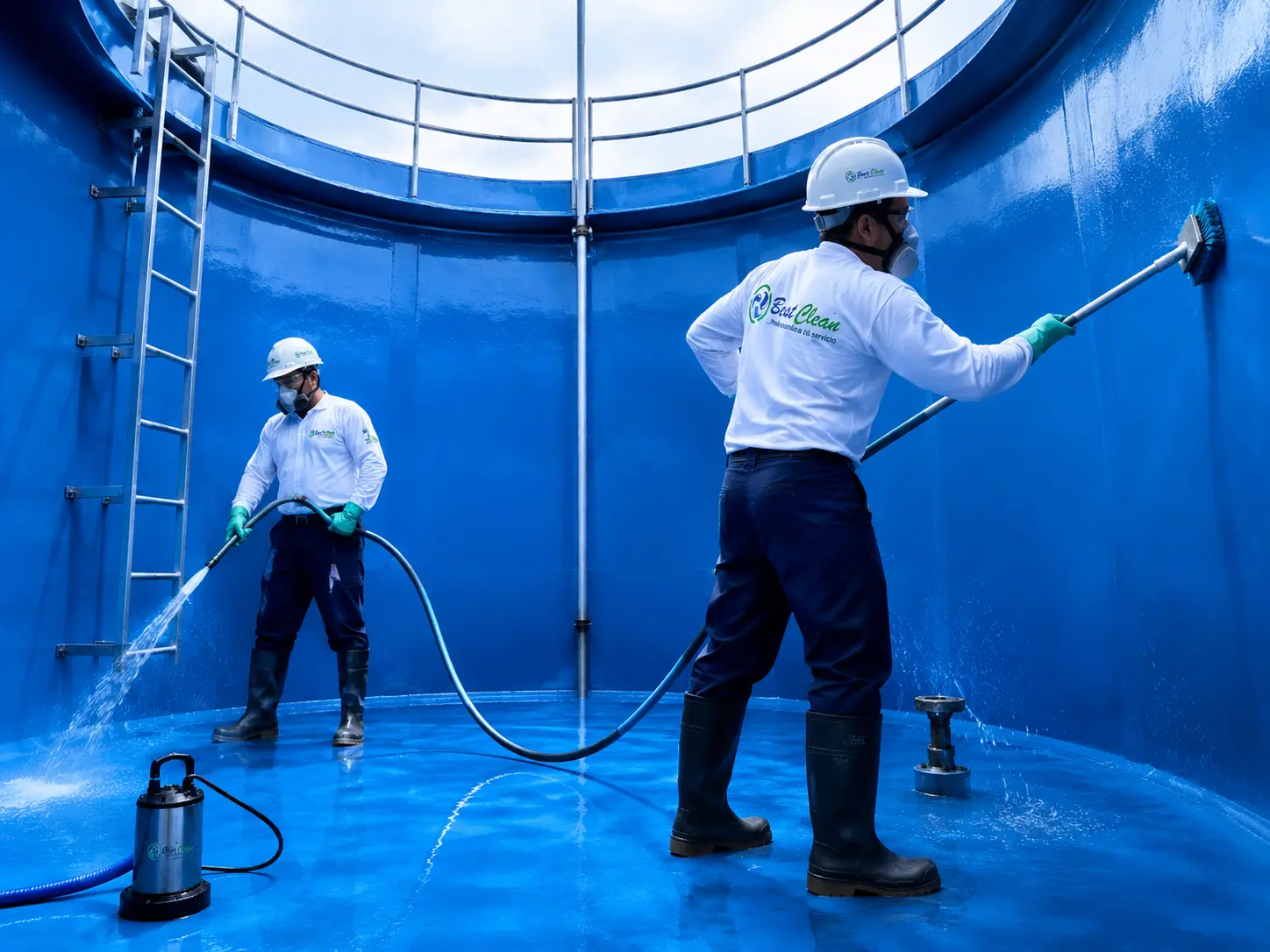 Operario limpiando tanque de agua